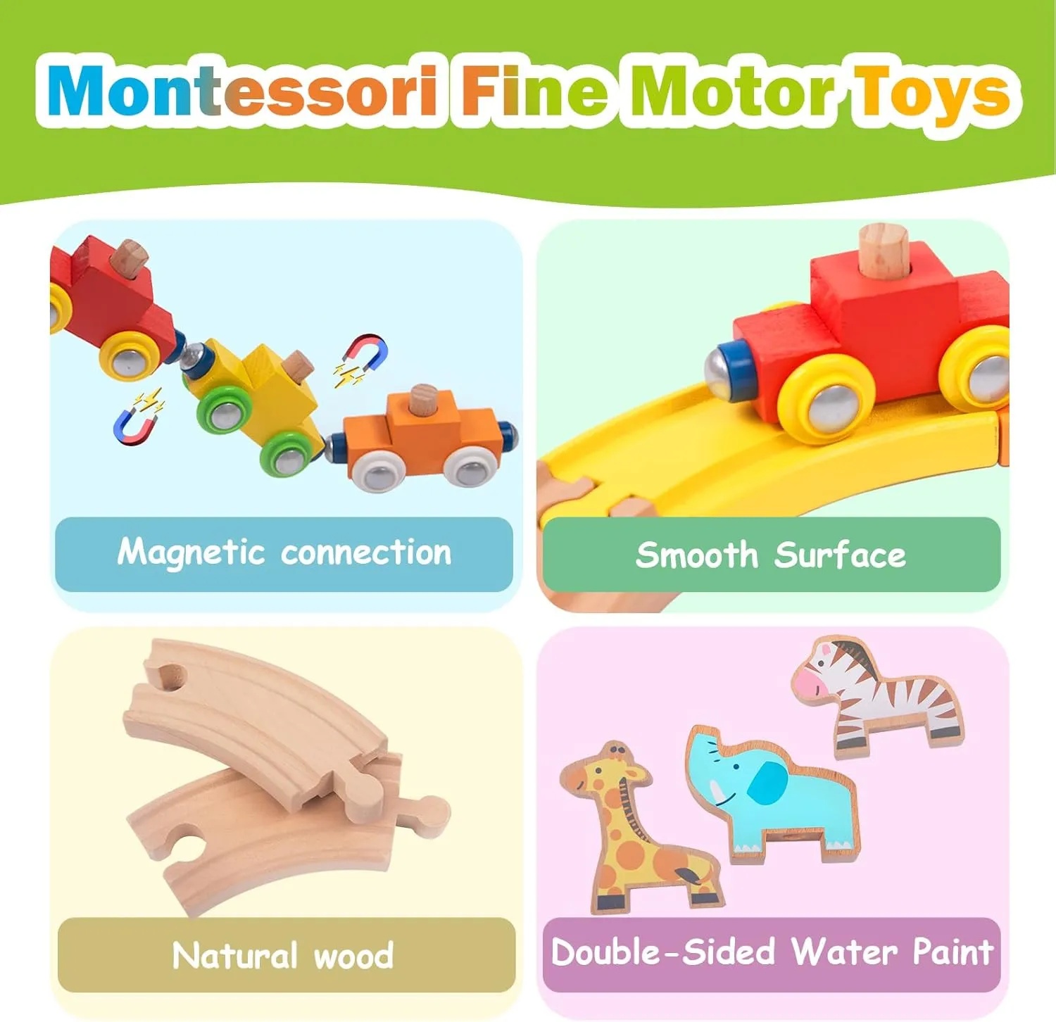 Wooden Train Set for Toddlers Magnetic Train Car Toys for Toddler, Montessori Toys, Accessories fits Melissa and Doug, fits Brio, fits Thomas, for Boys Girls 18  Months (Animal Wooden Train Set)