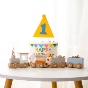 Wooden Train Set with Locomotive, Cargo Cars, and Figurines