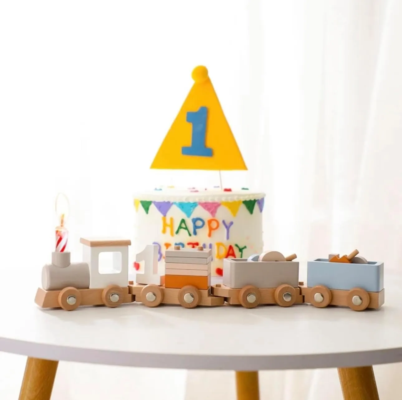 Wooden Train Set with Locomotive, Cargo Cars, and Figurines