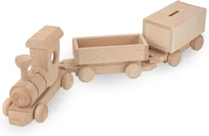Wooden Train Set with Piggy Bank, Wooden Train Playset 21 inch, Ready for Paint, 2 Detachable Wagons, Classic Wooden Cars for Kids Toddler Boys and Girls
