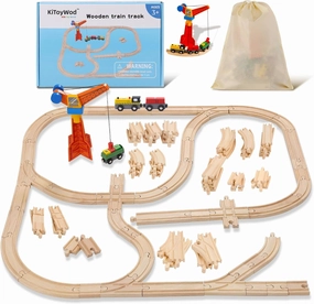 Wooden Train Track Set 62pcs, Wood Railway Systems Accessories Expansion Pack with Train   Crane, for 3-10 Years Toddlers Birthday Gift, Christmas Toys, Compatible with Major Brands (62 PCS)