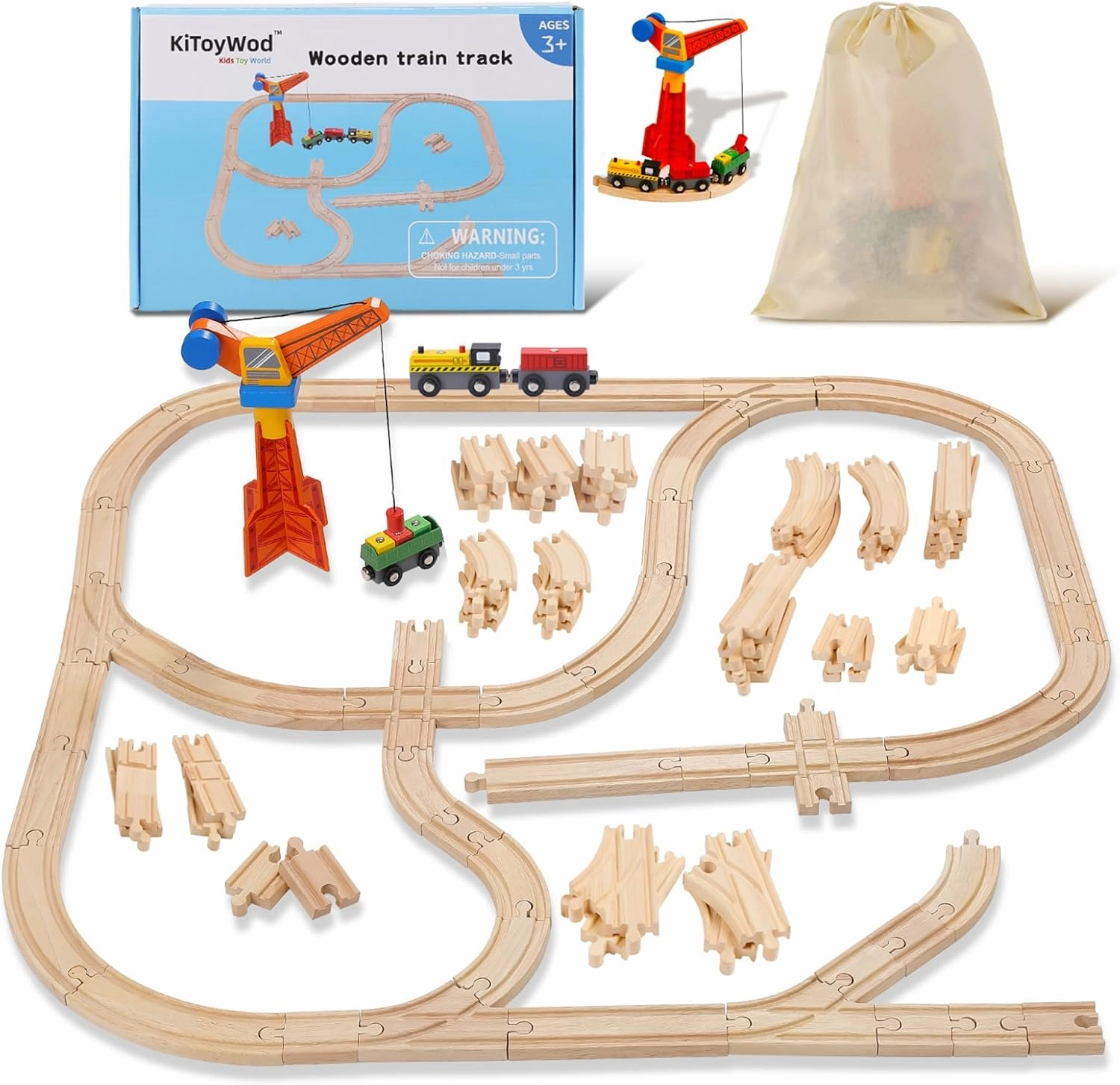 Wooden Train Track Set 62pcs, Wood Railway Systems Accessories Expansion Pack with Train   Crane, for 3-10 Years Toddlers Birthday Gift, Christmas Toys, Compatible with Major Brands (62 PCS)