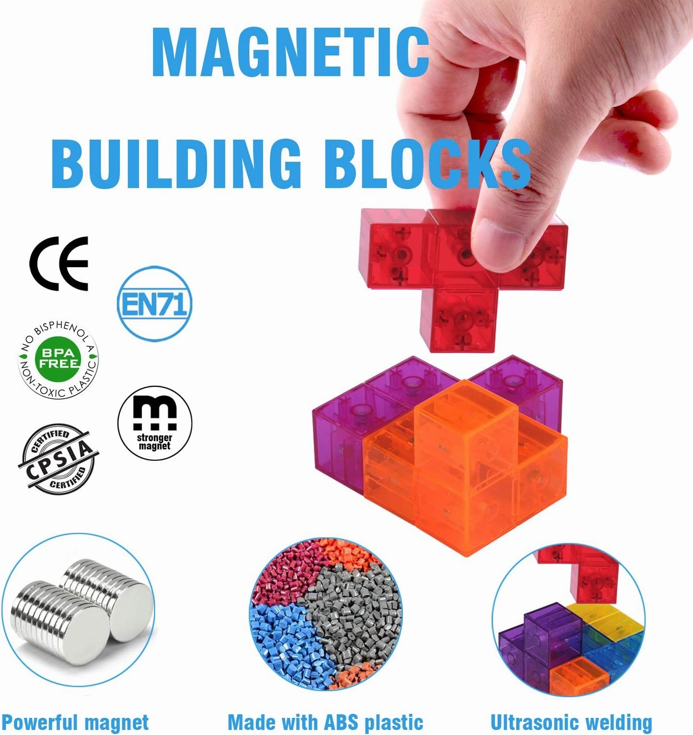 WorWoder Kids Magnetic Building Blocks Magic Magnetic 3D Puzzle Cubes, Set of 7 Multi Shapes Magnetic Blocks with 54 Guide Cards, Intelligence Developing and Stress Relief Fidget Toys for Kids (Blue)