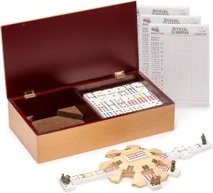 Yellow Mountain Imports Mexican Train Bundle - Complete Set with Double 12 Dominoes (Pips/Dots), Wooden Hub and 3-Pack Mexican Train Scorepad