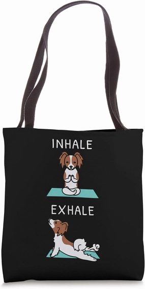 Yoga Inhale Exhale Papillon Dog Tote Bag