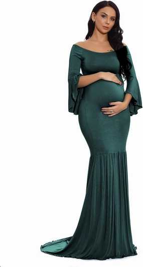 ZIUMUDY Maternity Retro Off Shoulder Flare Sleeves Mermaid Gown Maxi Photography Dress for Baby Shower