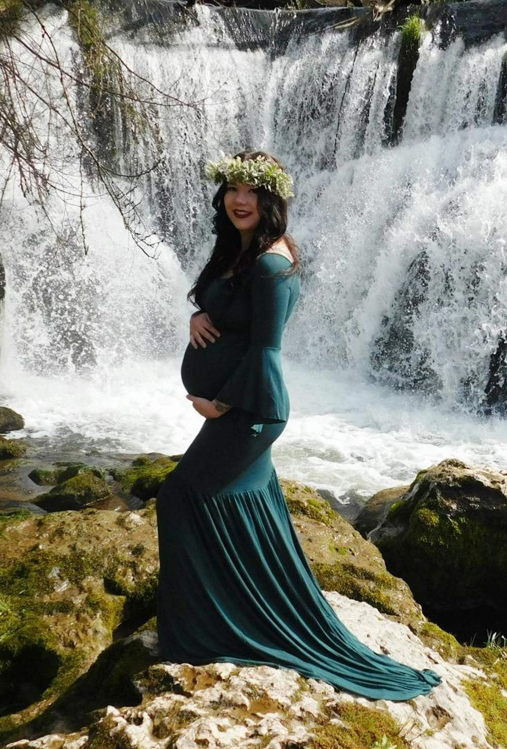 ZIUMUDY Maternity Retro Off Shoulder Flare Sleeves Mermaid Gown Maxi Photography Dress for Baby Shower
