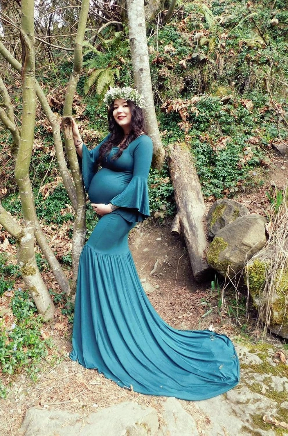 ZIUMUDY Maternity Retro Off Shoulder Flare Sleeves Mermaid Gown Maxi Photography Dress for Baby Shower