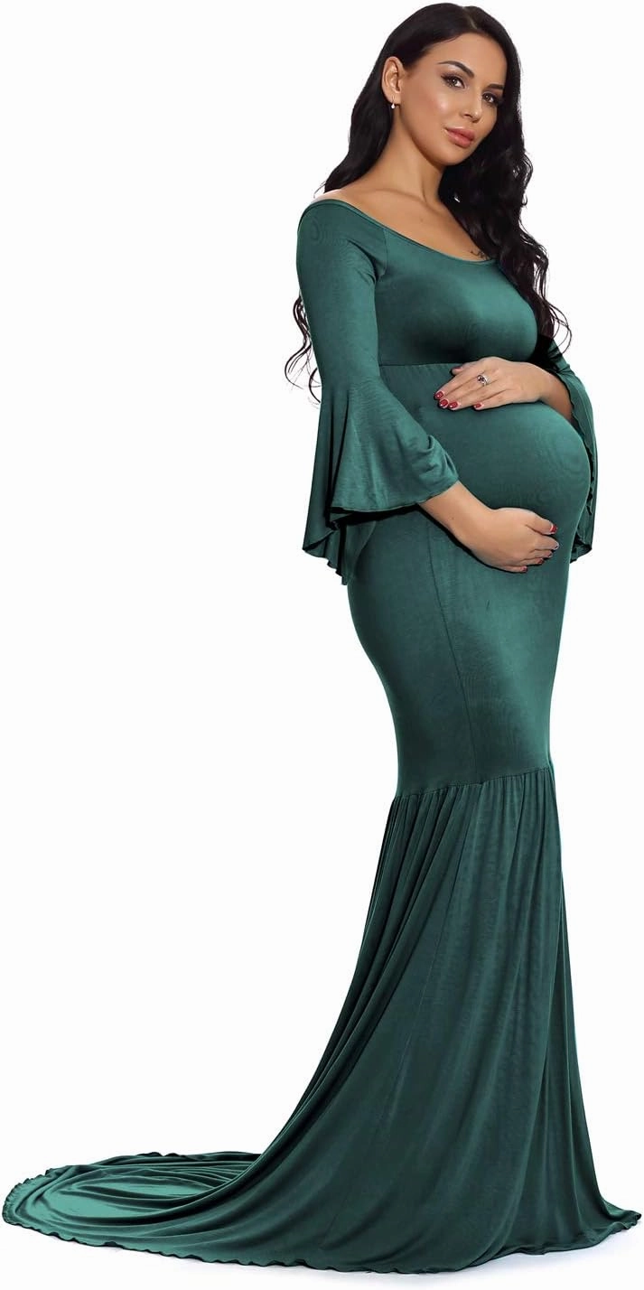 ZIUMUDY Maternity Retro Off Shoulder Flare Sleeves Mermaid Gown Maxi Photography Dress for Baby Shower