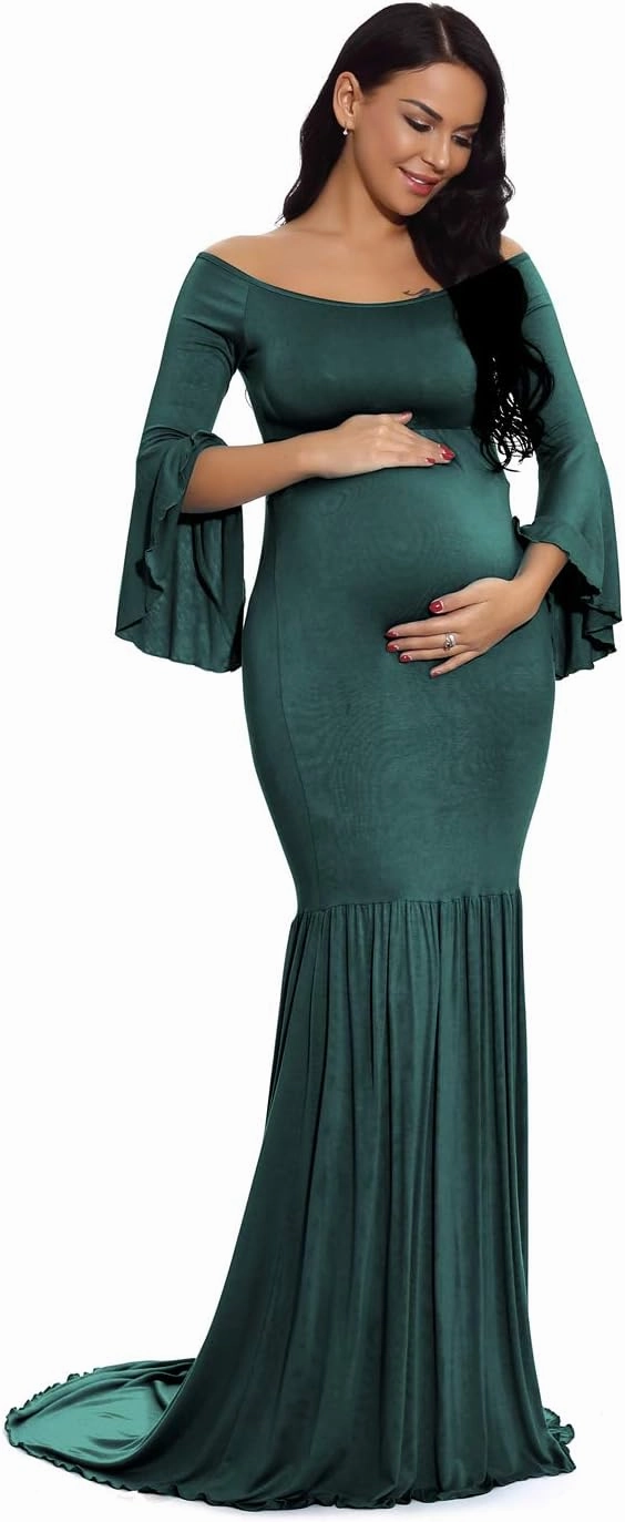 ZIUMUDY Maternity Retro Off Shoulder Flare Sleeves Mermaid Gown Maxi Photography Dress for Baby Shower