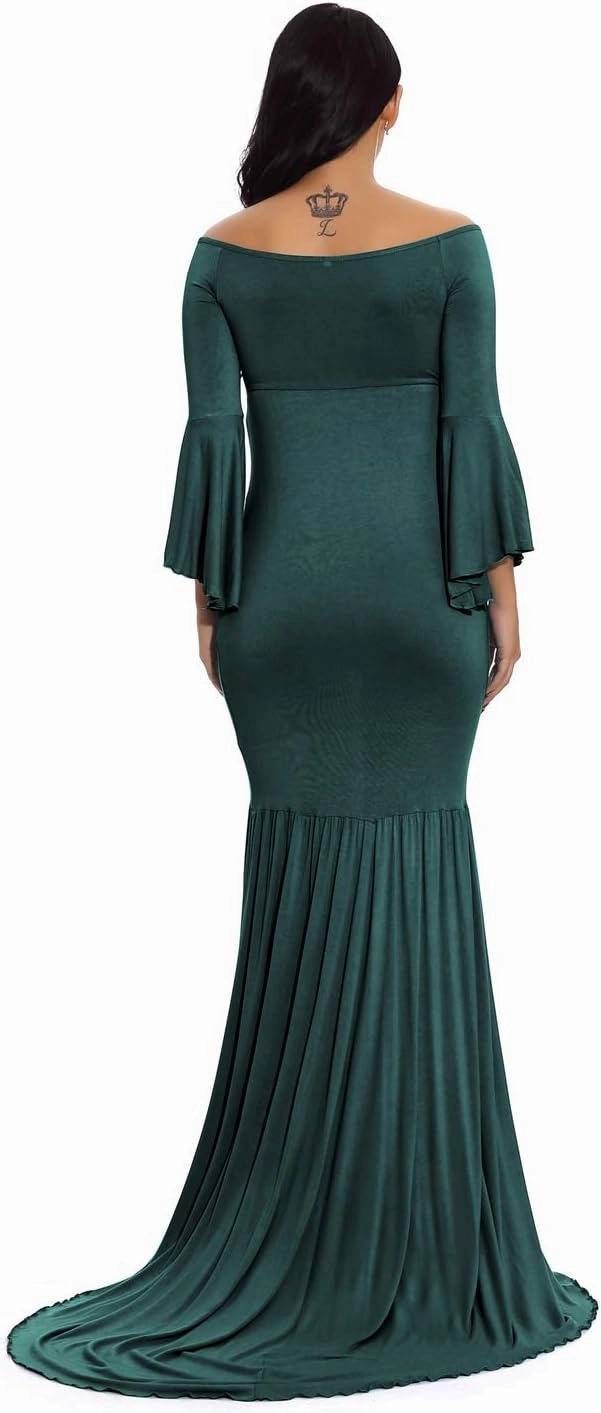 ZIUMUDY Maternity Retro Off Shoulder Flare Sleeves Mermaid Gown Maxi Photography Dress for Baby Shower