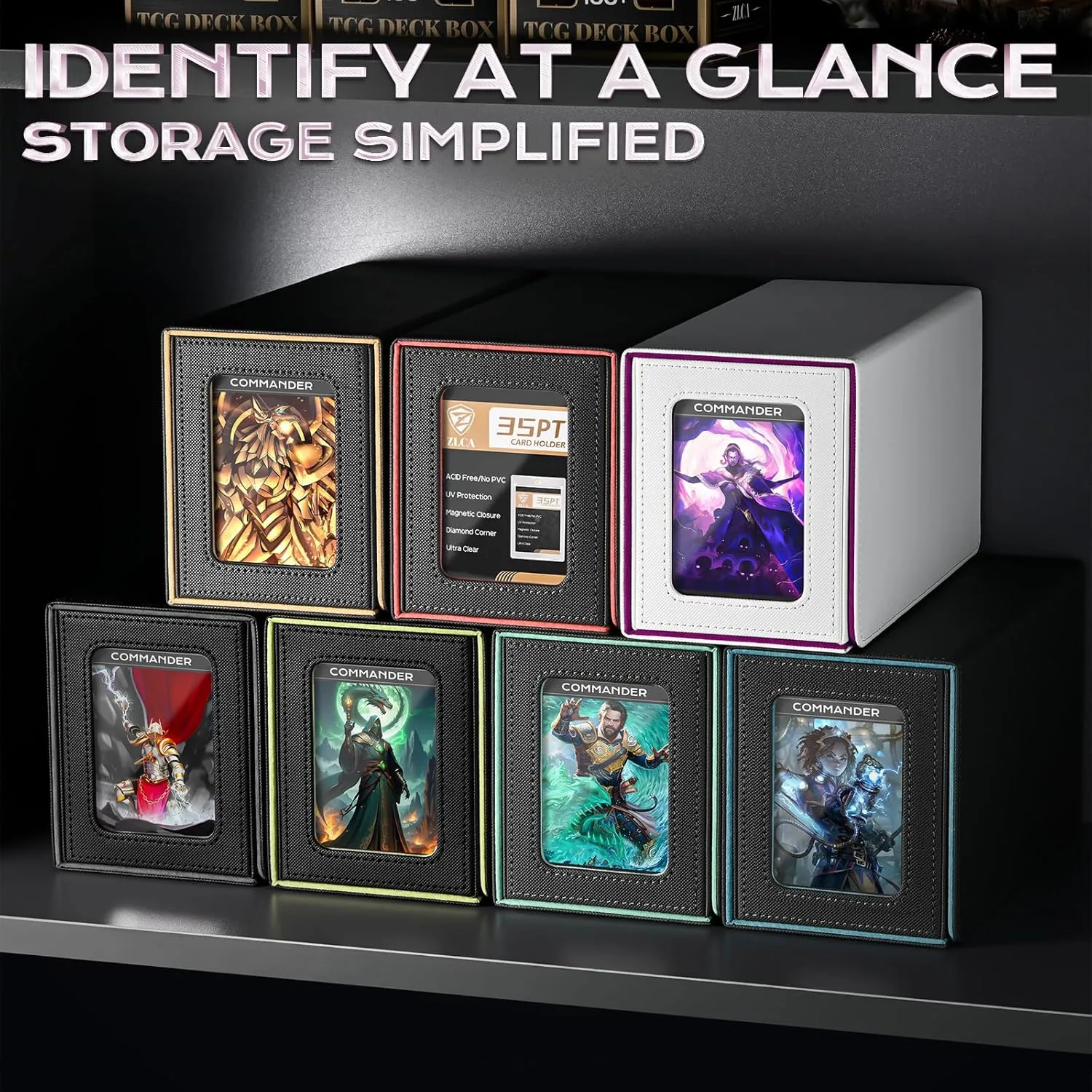 ZLCA MTG Commander Deck Box with Display Window,Card Deck Box with Dice Tray & 35pt Card Brick,Fits 200 Double-Sleeved Cards-White&Purple
