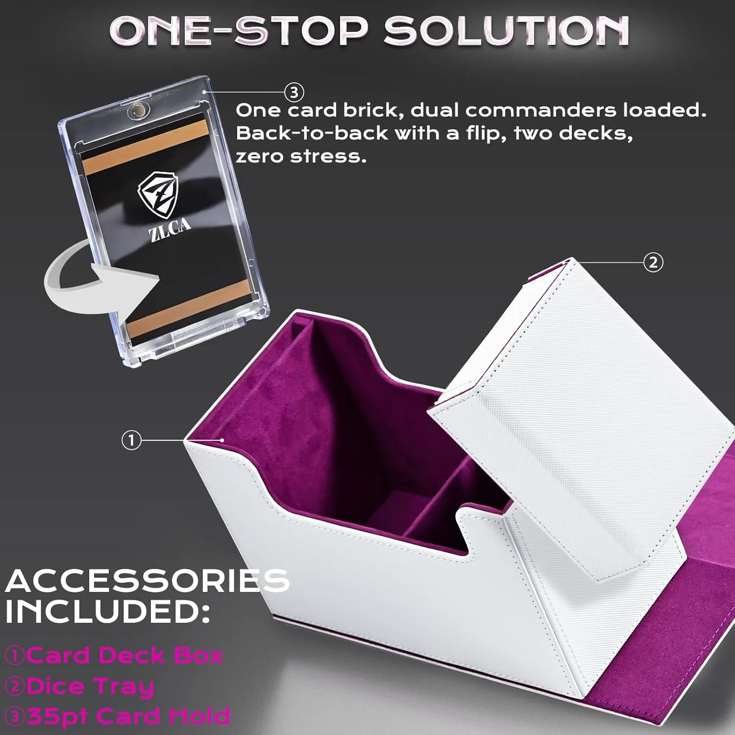 ZLCA MTG Commander Deck Box with Display Window,Card Deck Box with Dice Tray & 35pt Card Brick,Fits 200 Double-Sleeved Cards-White&Purple